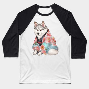 Watercolor Siberian Husky Dog in Kimono Baseball T-Shirt